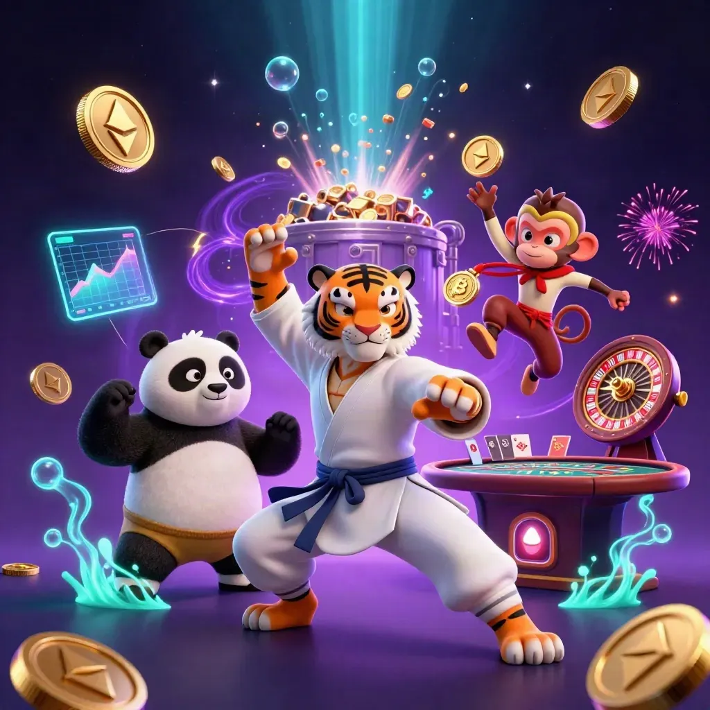 Tiger, panda, and monkey celebrate in a glowing casino vault with coins, cards, and neon energy.