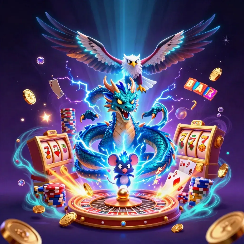 Thunder dragon, hawk, and mouse amid casino coins, cards, reels, and neon lightning.