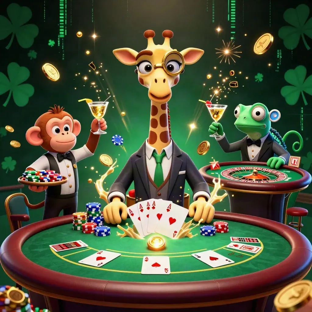 Giraffe, monkey, and chameleon in a luxe casino burst with coins, cards, chips, and neon energy.