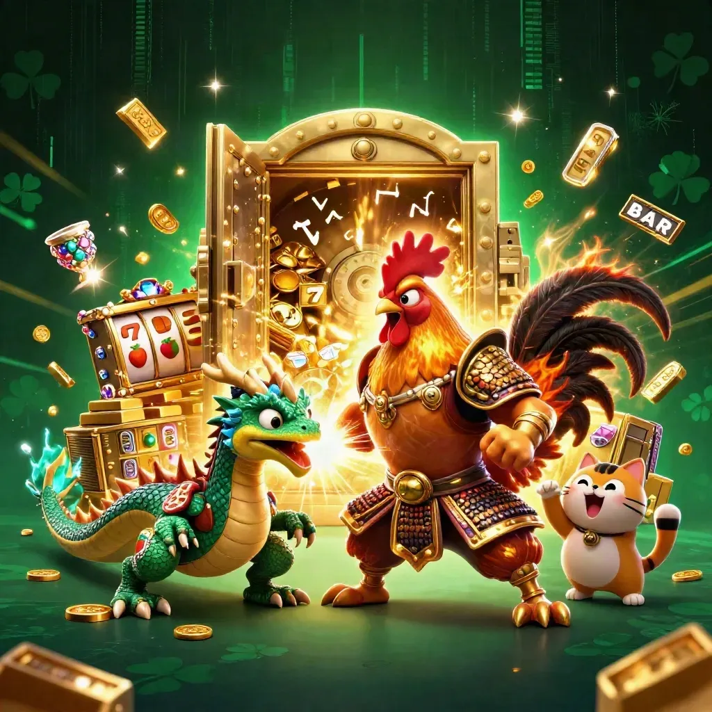 Rooster warrior, dragon hatchling, and fortune-cat burst from a glowing vault with casino loot.