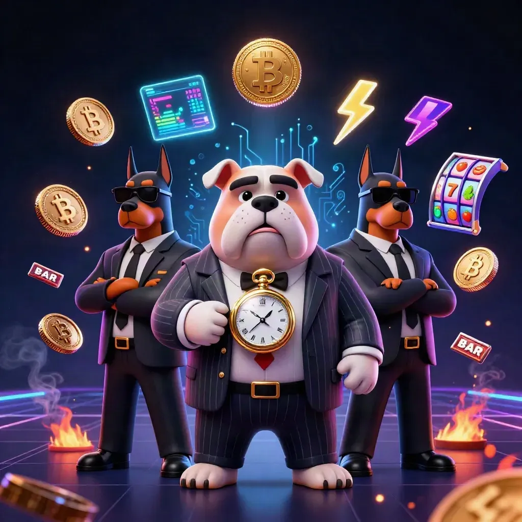 Mafia bulldog and Doberman guards amid neon crypto casino effects in a dark luxe vault scene.