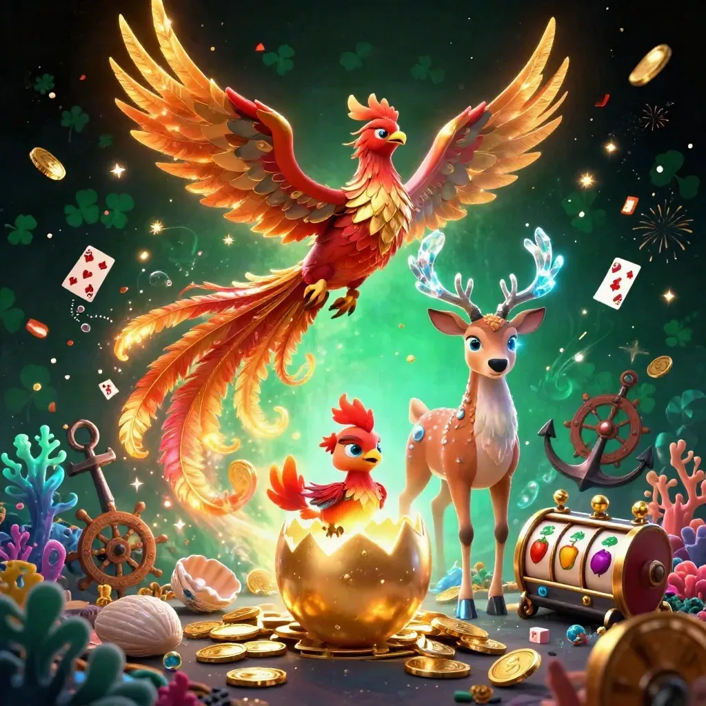 Phoenix trio amid treasure, cards, coral, and neon casino magic