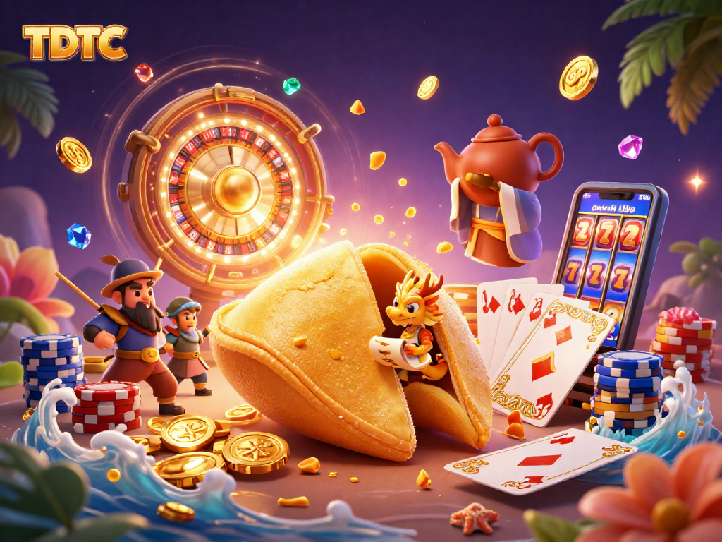 Experience the excitement of TDTC with a dynamic casino scene featuring vibrant characters and gold coins.
