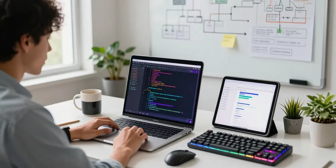 Developer using the M5 MacBook in a modern workspace filled with tech gadgets, creating a vibrant coding environment.