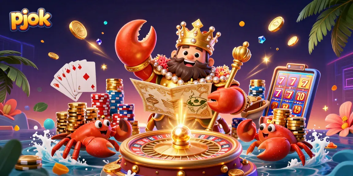 Experience thrilling gameplay at PJOK with a majestic golden crab emperor, magical treasures, and dynamic casino elements.