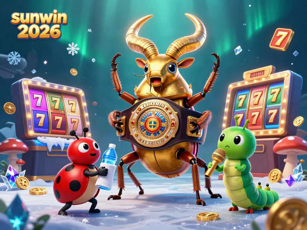 Experience the thrill of sunwin 2026 with engaging slot elements surrounding lively cartoon characters.