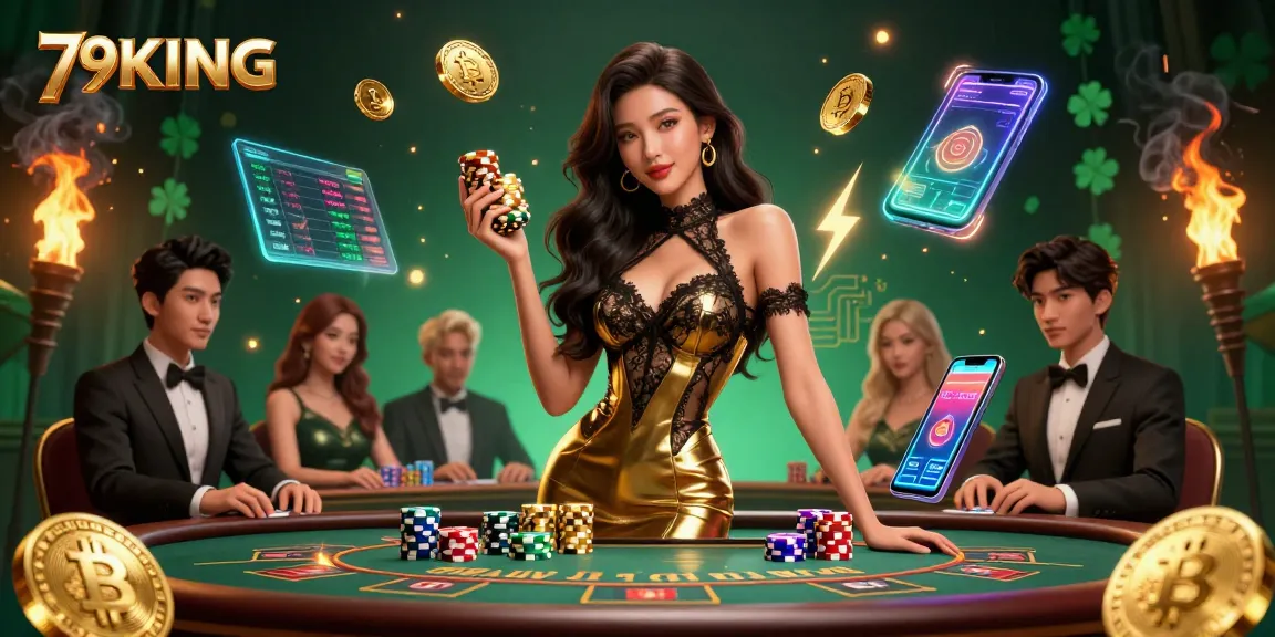 Experience high-stakes excitement with 79KING at a VIP baccarat table amidst glowing crypto visuals.