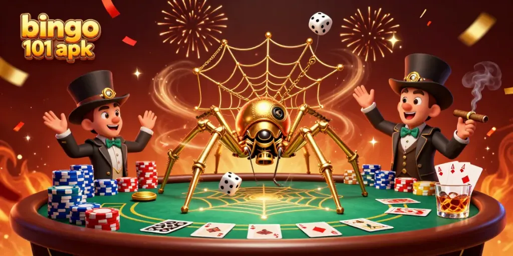 Win big with bingo 101 apk, featuring a steampunk spider and casino elements in a vibrant scene.