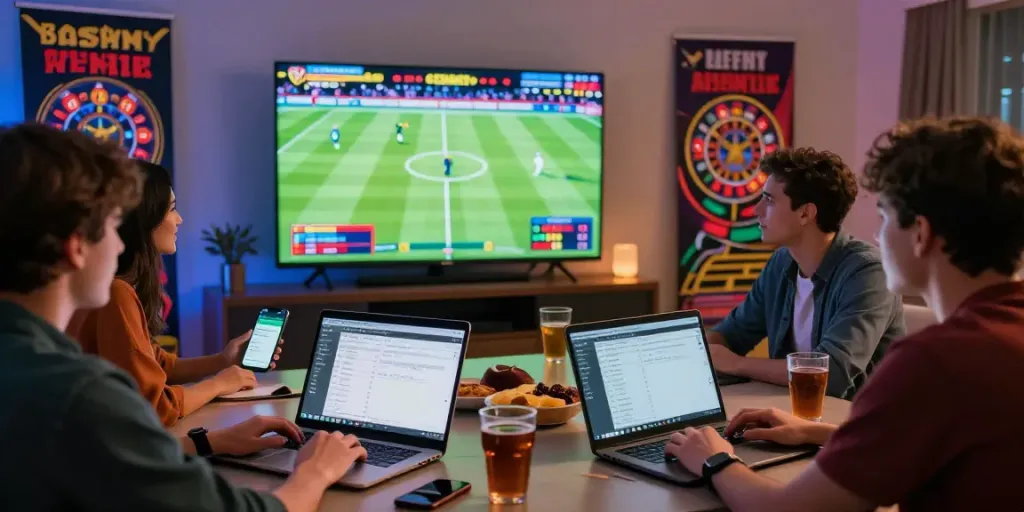 Friends enjoying lotus365 betting on cricket, football, and tennis with live screens and casino games.