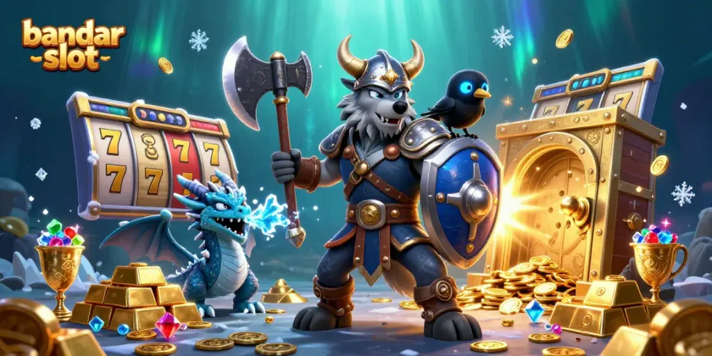 Gambarlah bandar slot dengan karakter beruang Viking, naga, dan burung gagak, dikelilingi slot reel dan harta
