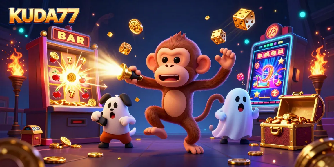 KUDA77 menunjukkan slot online penuh warna dengan mesin slot dan harta karun emas.