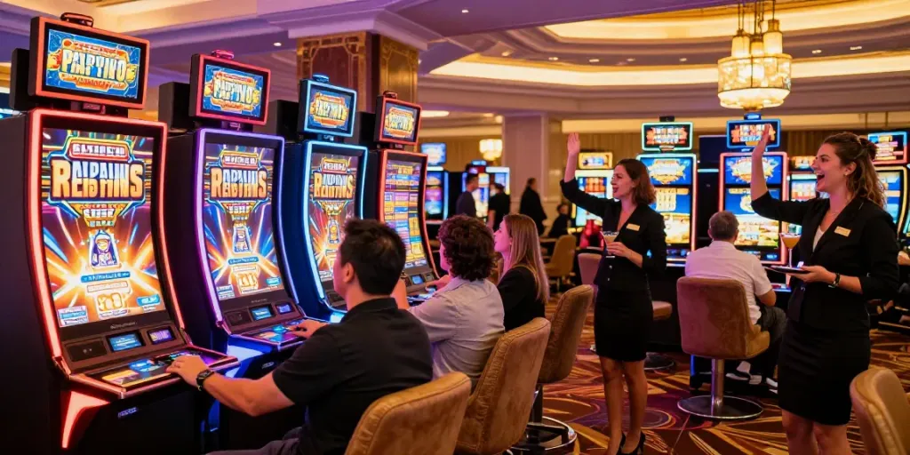 Exciting slot gacor gaming scene at a lively casino with players celebrating wins.