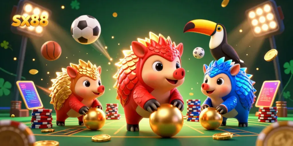 Engage in exciting gameplay at sx88 with vibrant pangolins rolling through chips in a lively casino scene.
