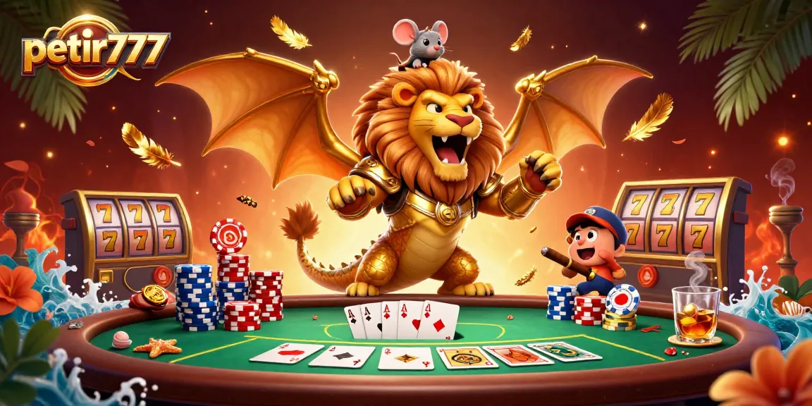 Engage with petir777's vibrant casino atmosphere, featuring a triumphant chimera and dynamic poker elements.