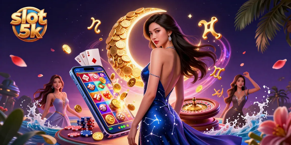 Play exciting slot 5k games with thrilling features and beautiful visuals in a vibrant casino scene.
