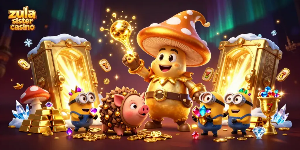 Zula sister casino showcases a golden wizard and treasures amidst dynamic slot elements, promoting exciting gameplay.