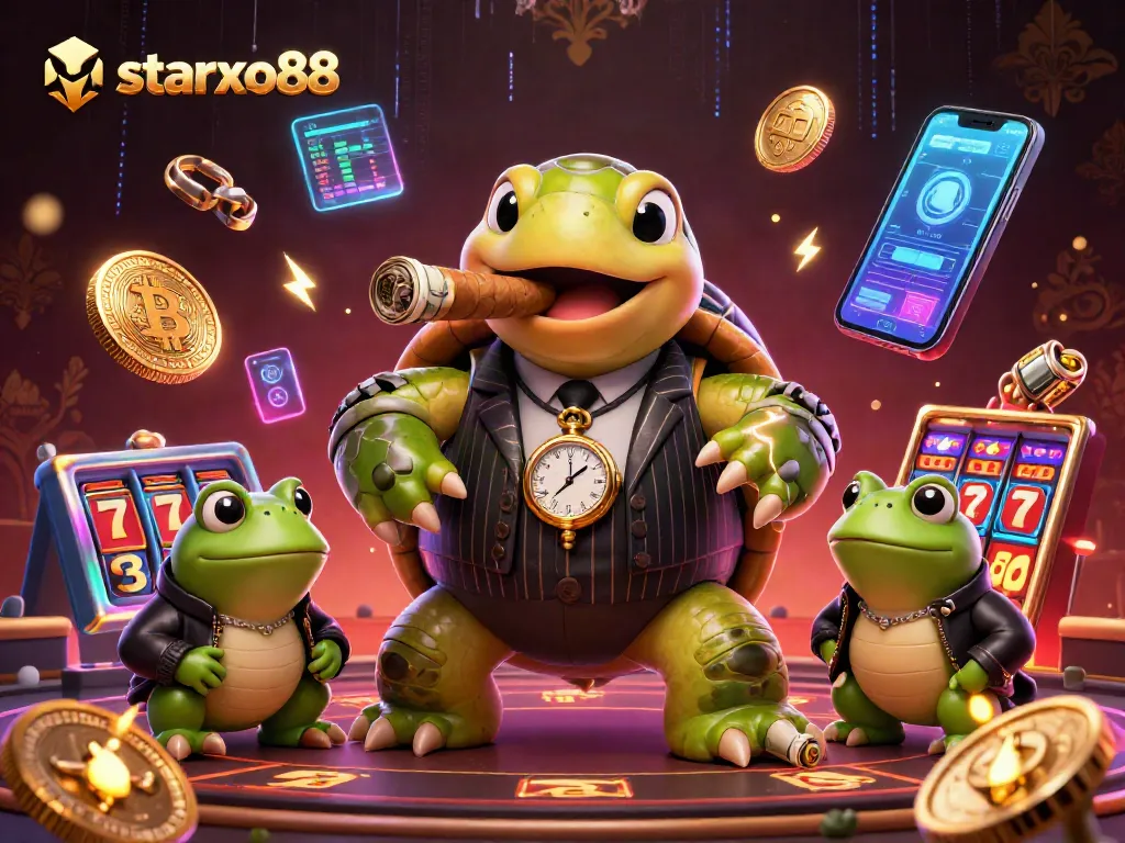 Experience the excitement of starxo88 with a snapping turtle in a casino scene packed with vibrant gaming elements.