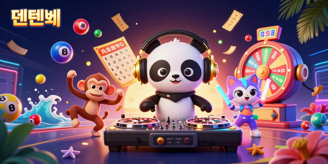 Experience excitement at 텐텐벳 with vibrant lottery balls and three engaging cartoon characters celebrating casino fun.