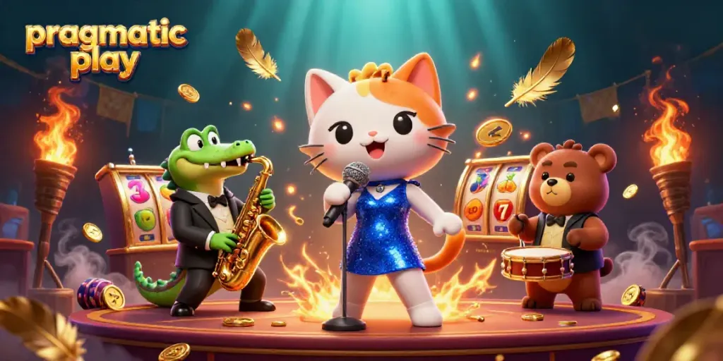 Experience the thrill of pragmatic play with vibrant slot reels and lively characters in a dynamic casino scene.