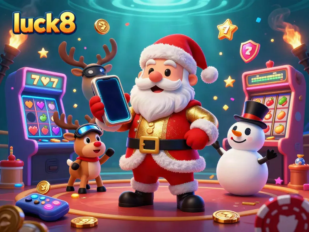 Experience excitement with luck8 as Santa and friends celebrate a jackpot at a vibrant casino scene.
