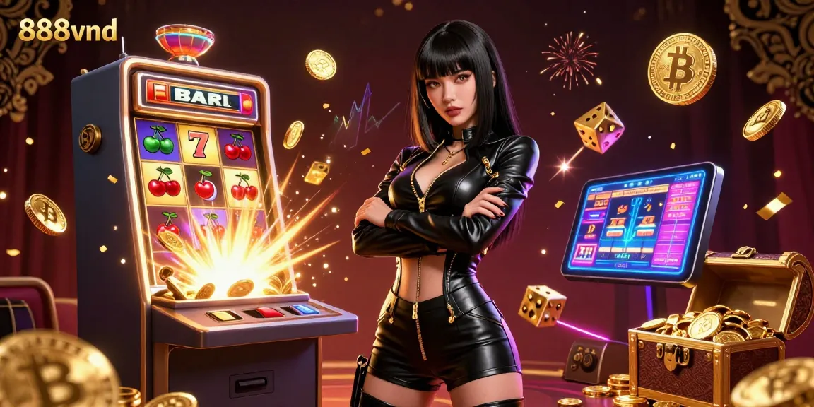Engage with thrilling casino gameplay at 888vnd, featuring a dynamic slot explosion and Bitcoin elements.