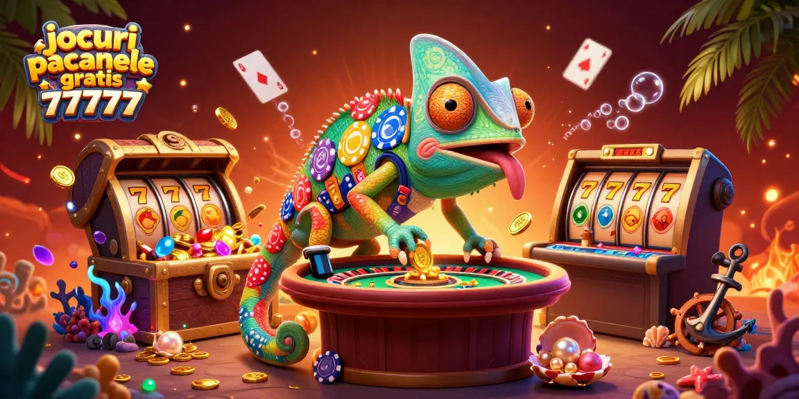 Joacă jocuri pacanele gratis 77777 cu un chameleon 3D pe un fundal vibrant al casinoului.