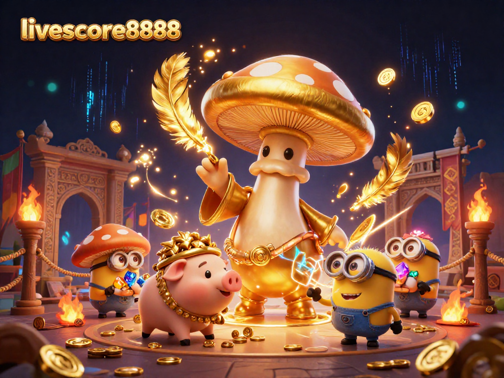 Experience livescore8888 with a golden wizard and treasure-hunting pig in an exciting casino scene.