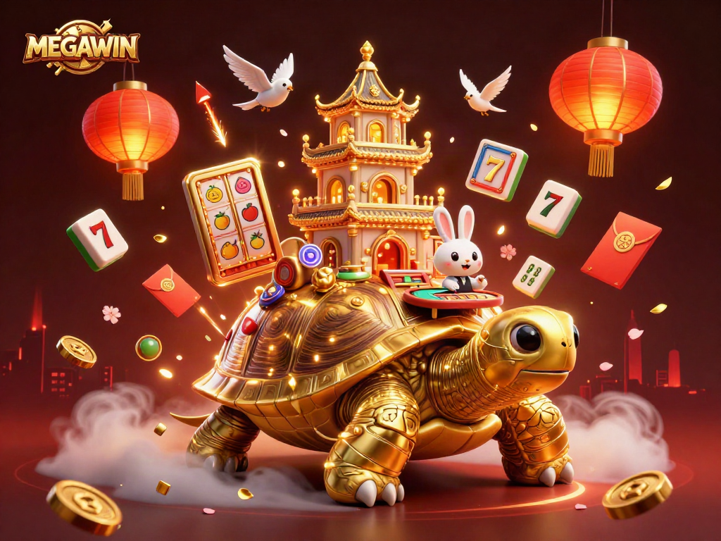 Engage in MEGAWIN excitement with 3D symbols and a lively casino tortoise scene.