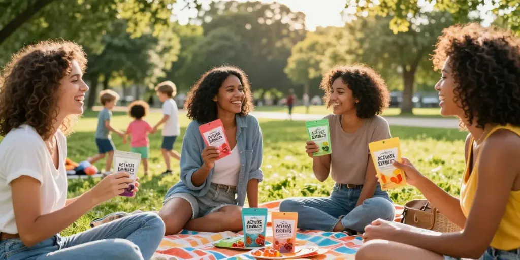 Group of friends savoring Activist Edibles gummy treats in a sunny park, enjoying quality time together.