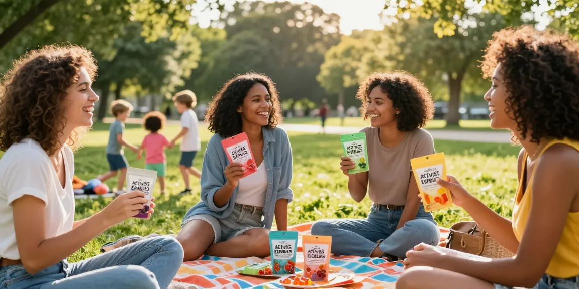 Group of friends savoring Activist Edibles gummy treats in a sunny park, enjoying quality time together.