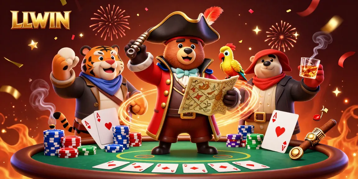 Join the thrilling poker action at LLWIN with a pirate bear and tiger first mate amidst vibrant casino elements.