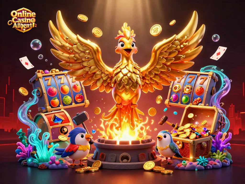 Experience the thrill of Online Casino Alberta with golden phoenix & slot symbols in a vibrant scene.