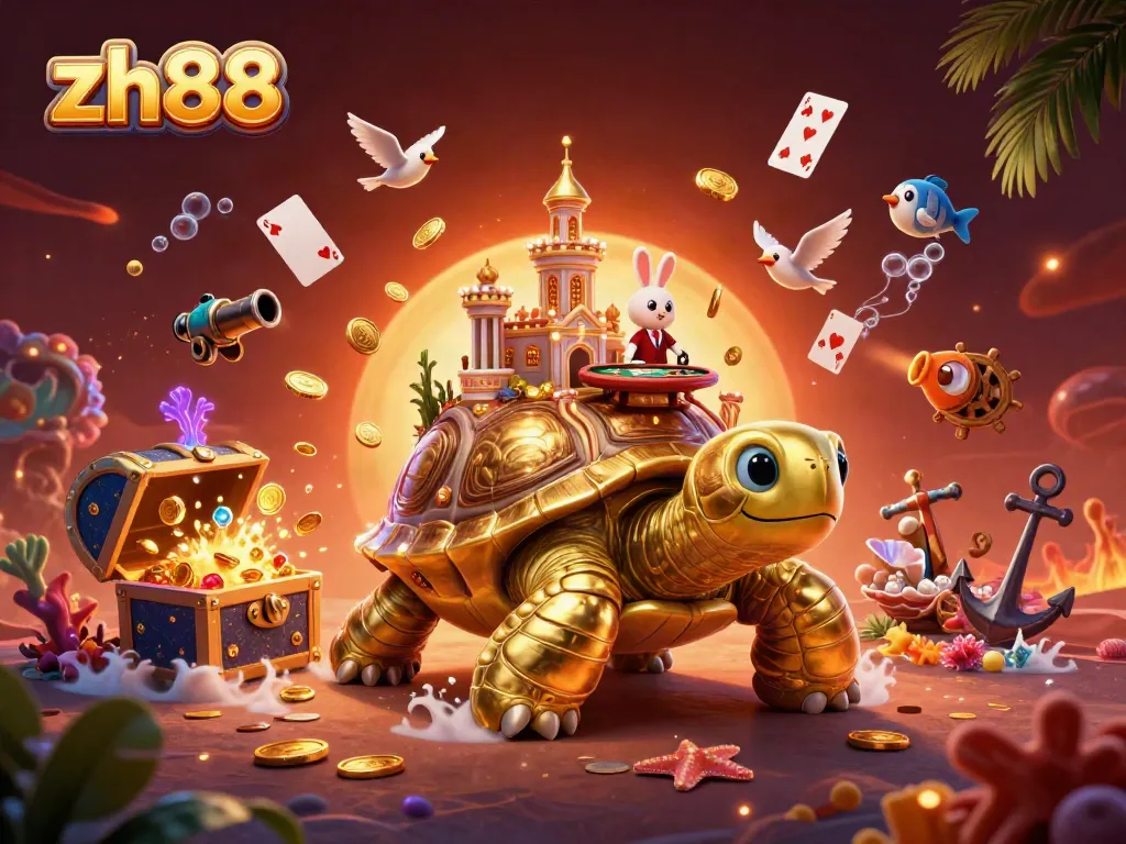 Experience the zh88 adventure with a golden tortoise casino theme, vibrant gaming elements, and playful characters.