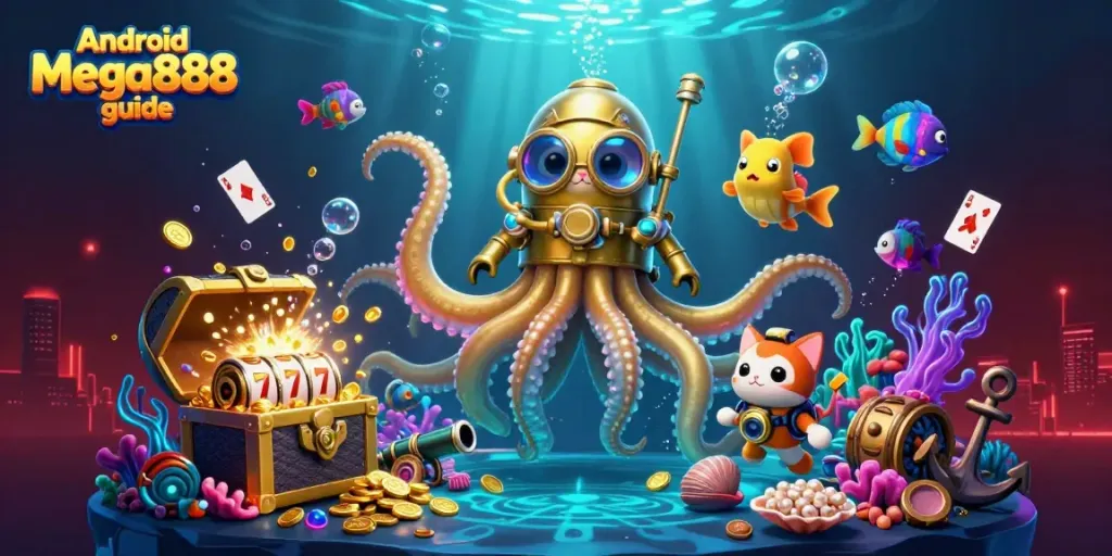 Engage with the Android Mega888 guide through a detailed underwater scene featuring a kraken and a diving cat.