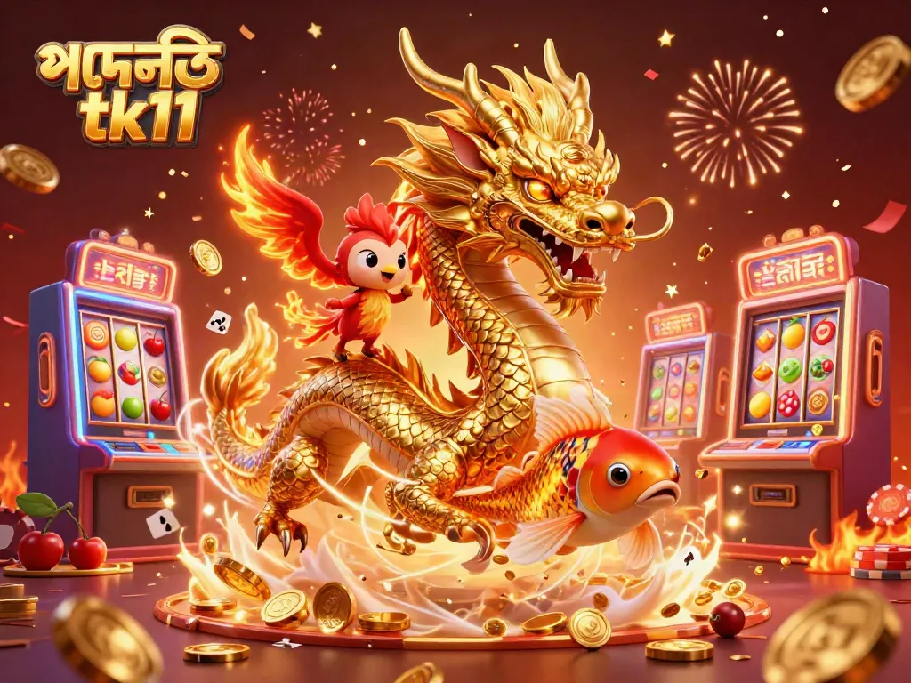 Engage in exciting gameplay with পদোন্নতি tk11, showcasing vibrant slot machines, a dragon, and festive decorations.