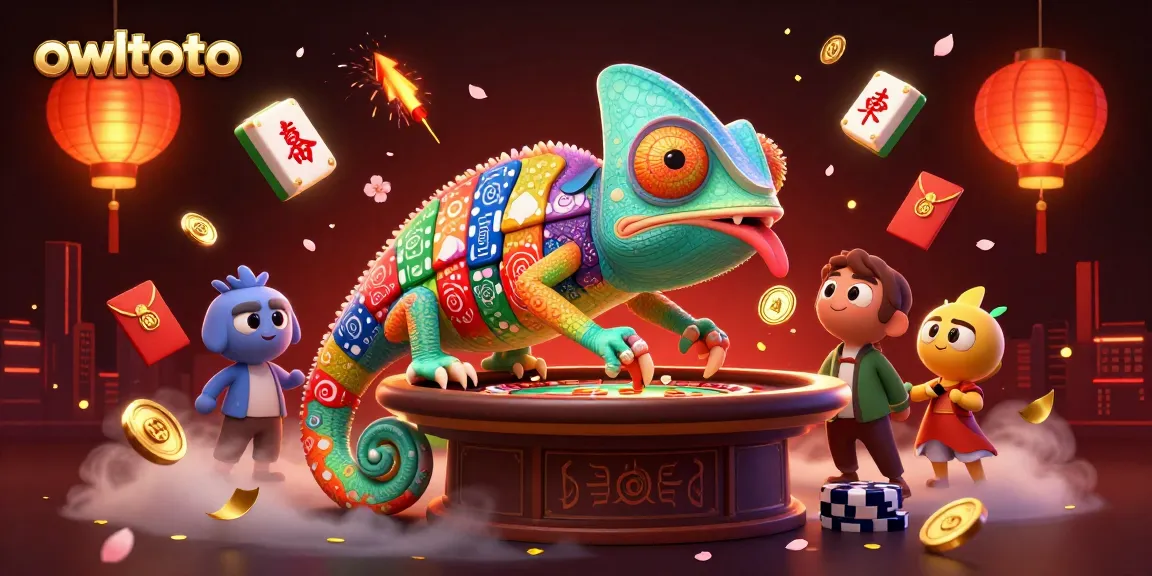 Engage with owltoto's vibrant chameleon casino owner amid dynamic gambling elements, showcasing excitement.