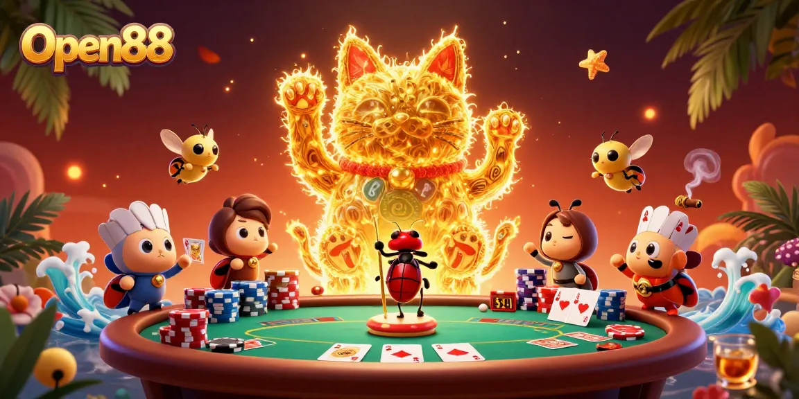 Experience thrilling wins at Open88 with a vibrant 3D depiction of a lucky cat and casino excitement.