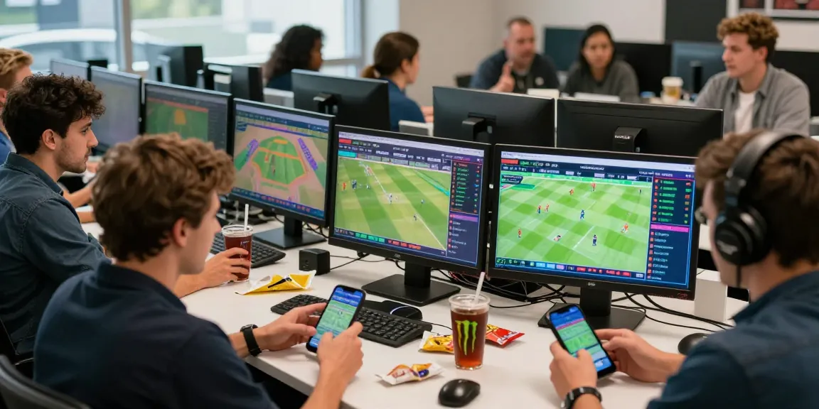 Engaged group enjoying the Velki App for live cricket and football betting in a vibrant gaming office environment.