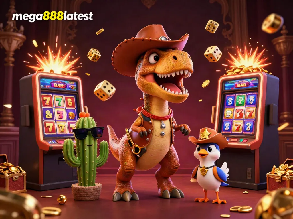 Pertandingan slot Mega888latest yang meletup dengan cowboy dinosaur dan rakan-rakan kasino.