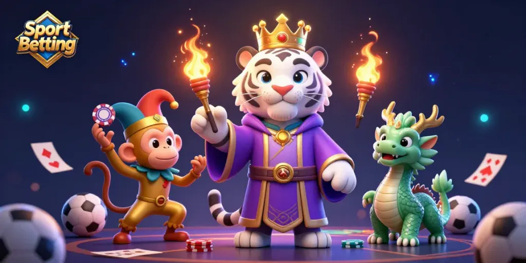 Engage in Sport Betting with this vibrant 3D scene featuring a tiger, monkey, and jade dragon.