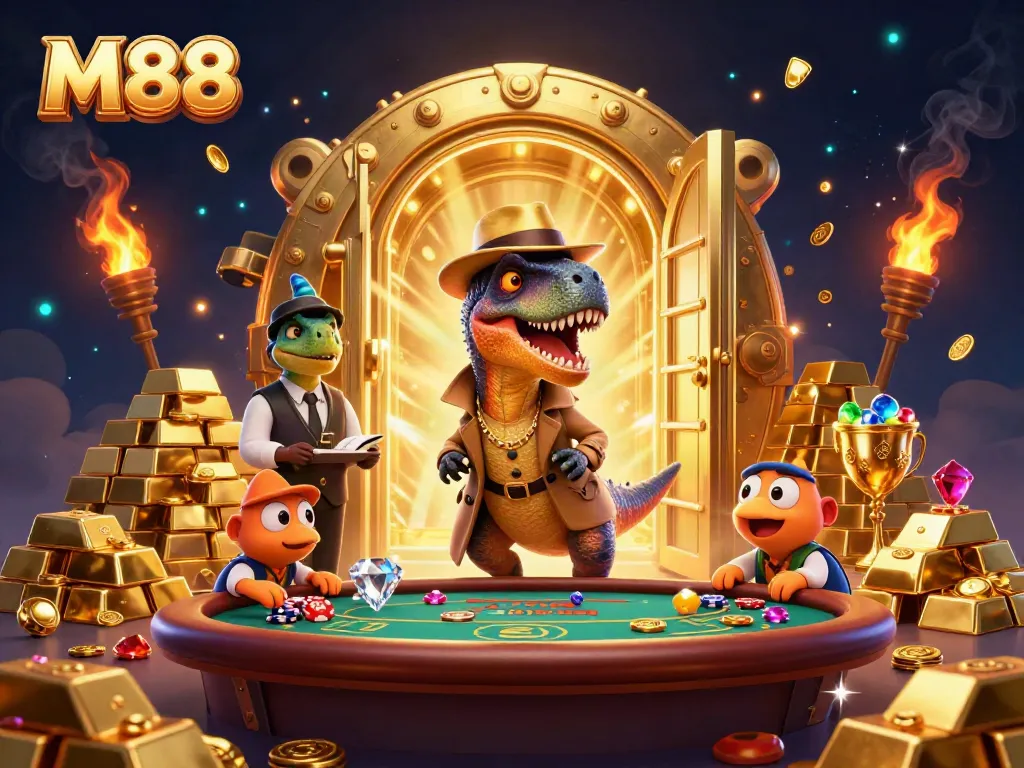 M88 gaming scene with a velociraptor card counter, stegosaurus pit boss, and chip-stealing compy at a vibrant casino table.