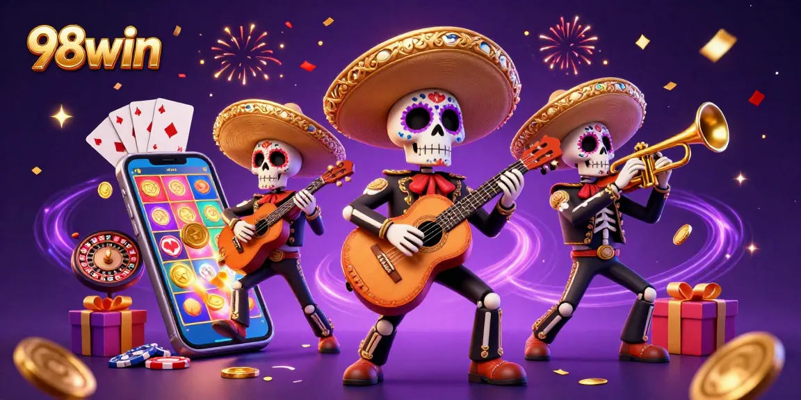 Experience thrilling gameplay at 98win with animated slot games and festive mariachi characters.