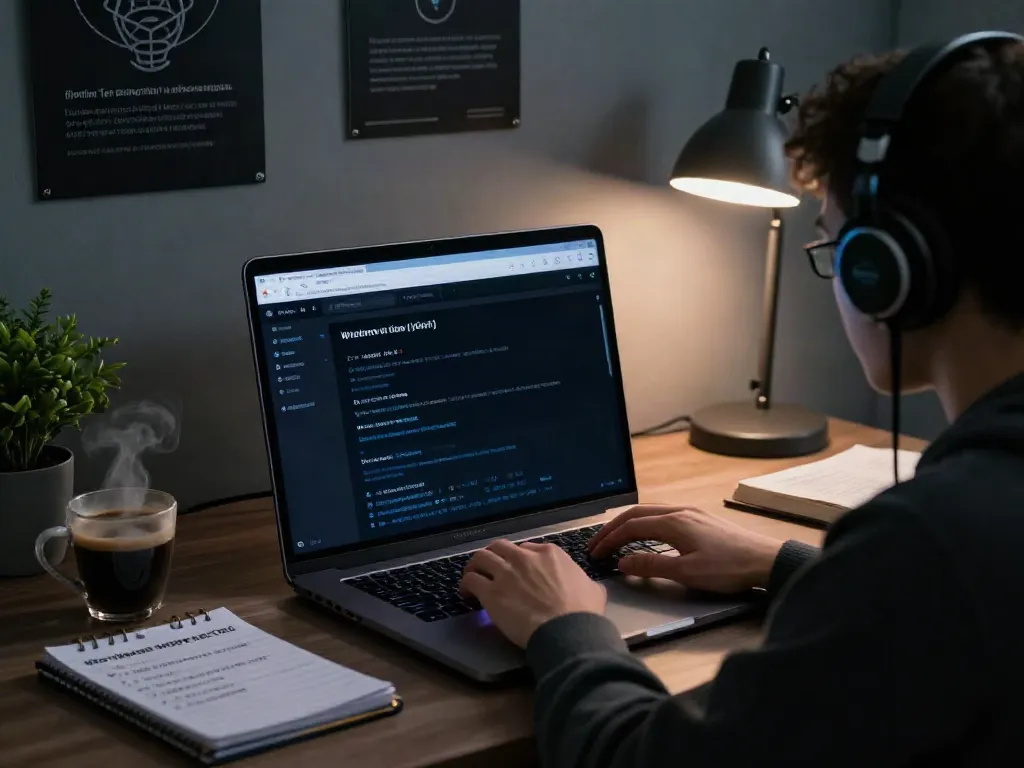 Person exploring the hidden wiki 2026 on a laptop in a dimly lit workspace with cybersecurity elements.