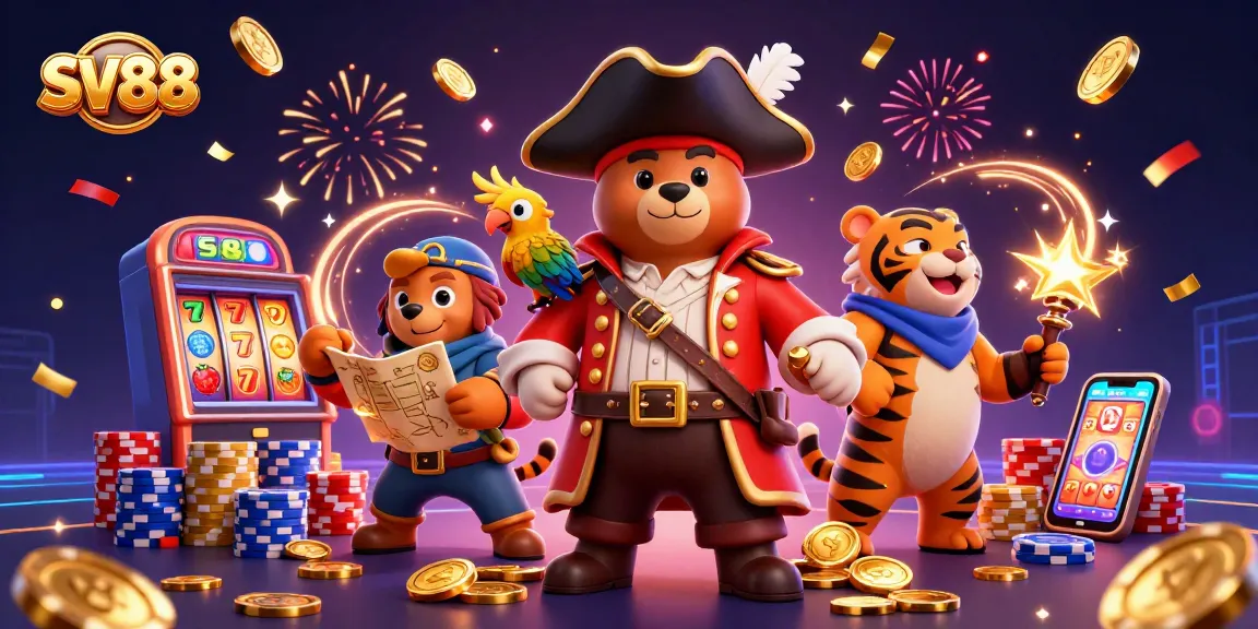 Engage with SV88's thrilling world of slots and jackpots showcasing vibrant characters and casino elements.