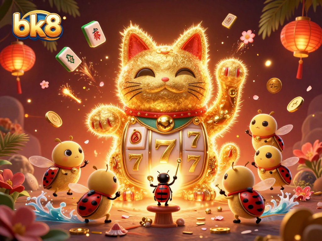 Experience bk8 magic with a giant lucky cat and swirling casino elements in vibrant 3D.