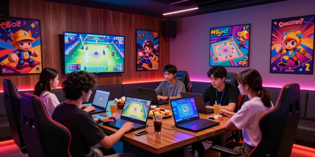 Tempat bermain Mahjong Ways 2 modern dengan suasana ceria dan gamer bersantai.