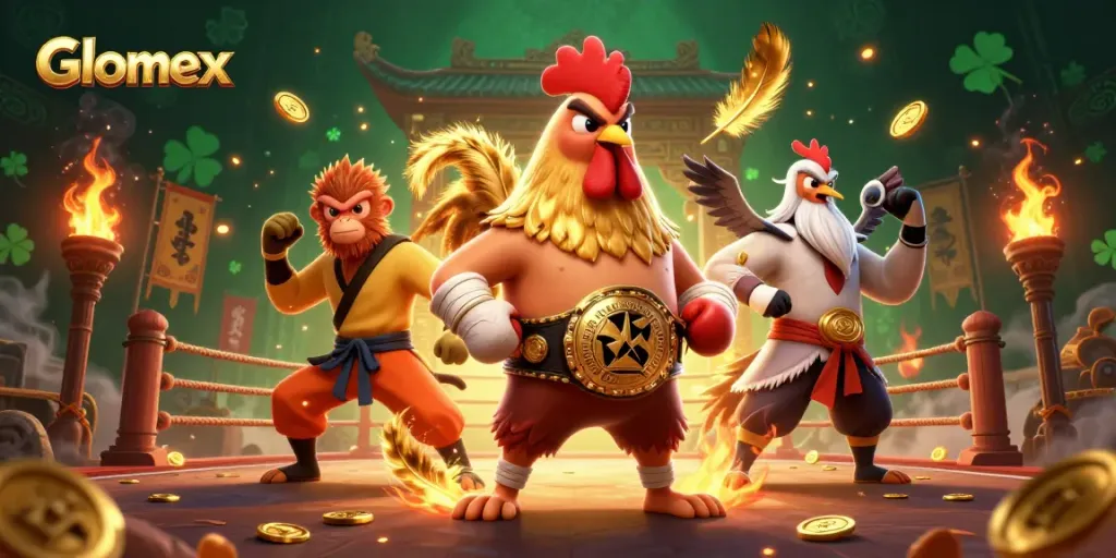 Glomex showcases a dynamic casino scene with a fighting rooster and martial artists among gold coins.