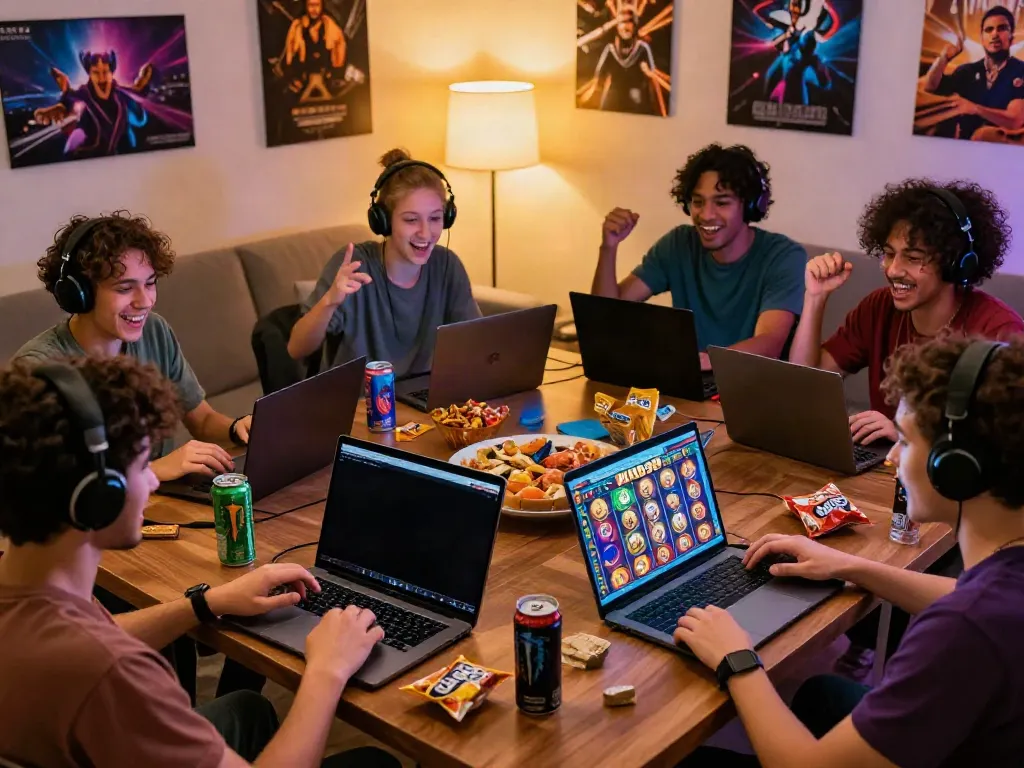Players enjoying the KING999 slot game together, showcasing excitement and engagement in a cozy setting.