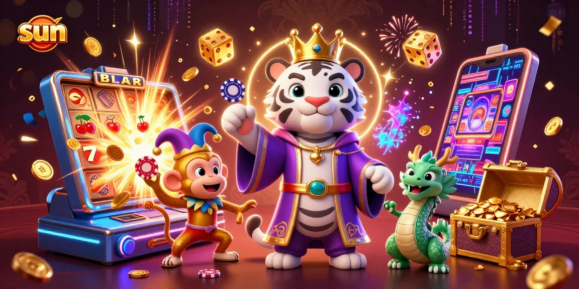 Win big with sun-themed slots, featuring a majestic tiger and playful monkey in a vibrant casino scene.