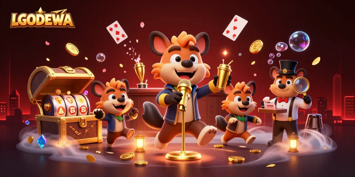 LGODEWA hyena casino scene with a comedian, bartender, and bouncer in a vibrant atmosphere.